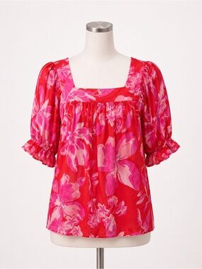Karen Kane Floral Square Neck Top Ruffle Sleeve Relaxed Fit M Pink Red Like New